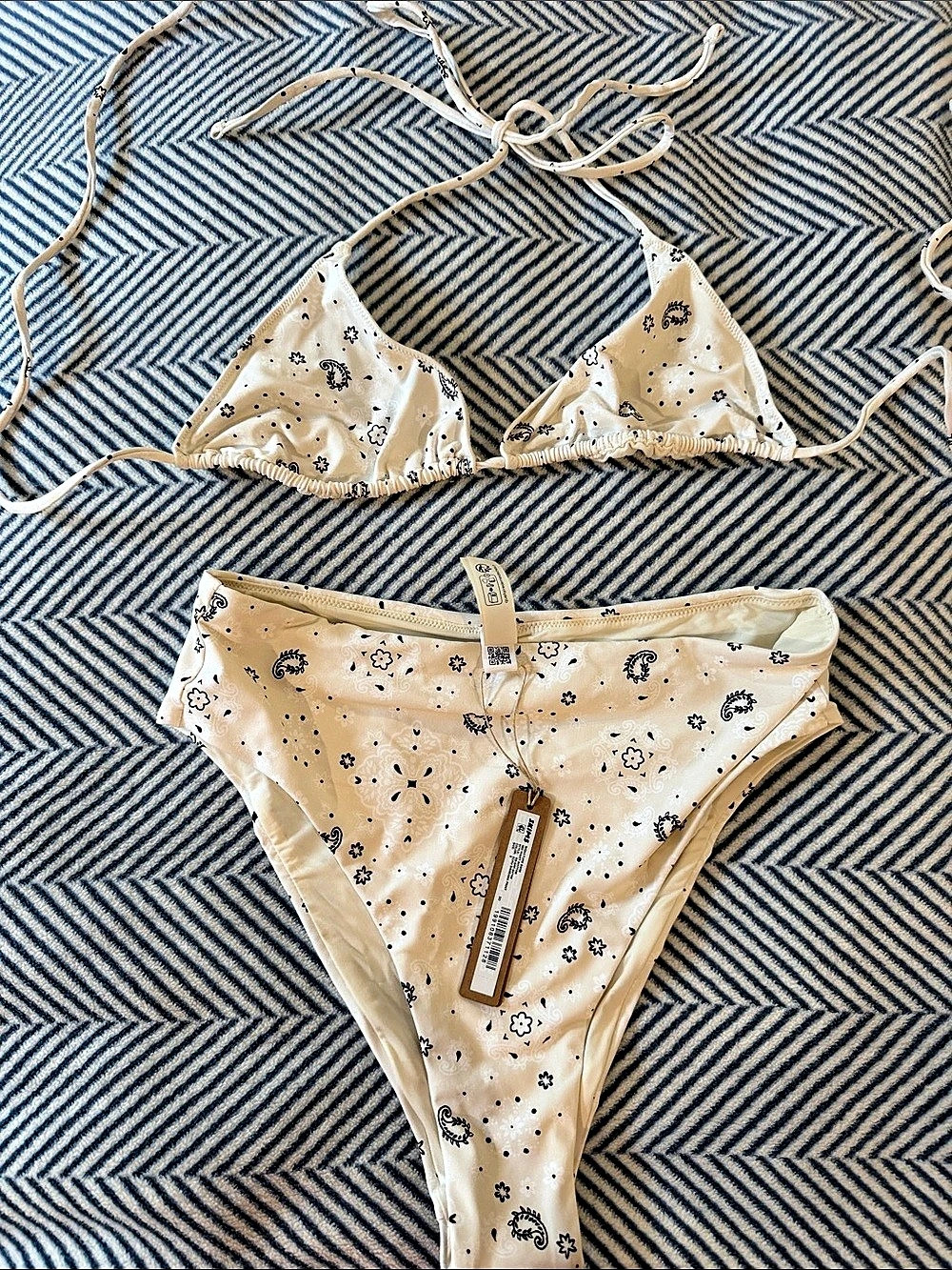 SKIMS Signature Swim Triangle Top & High-Waisted Bottom in Ecru Bandana Print